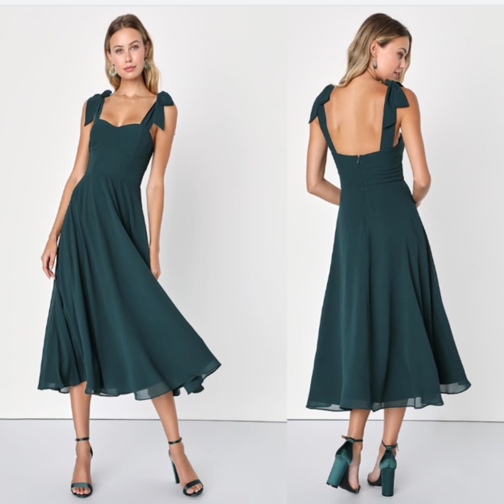 Tie-Shoulder Midi Dress in Deep Teal